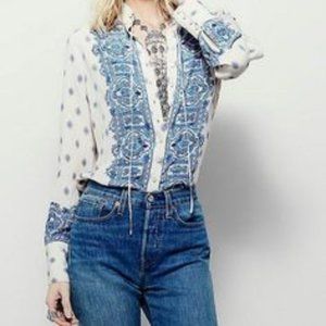 FREE PEOPLE cream blue mandala print boho button front tie neck blouse